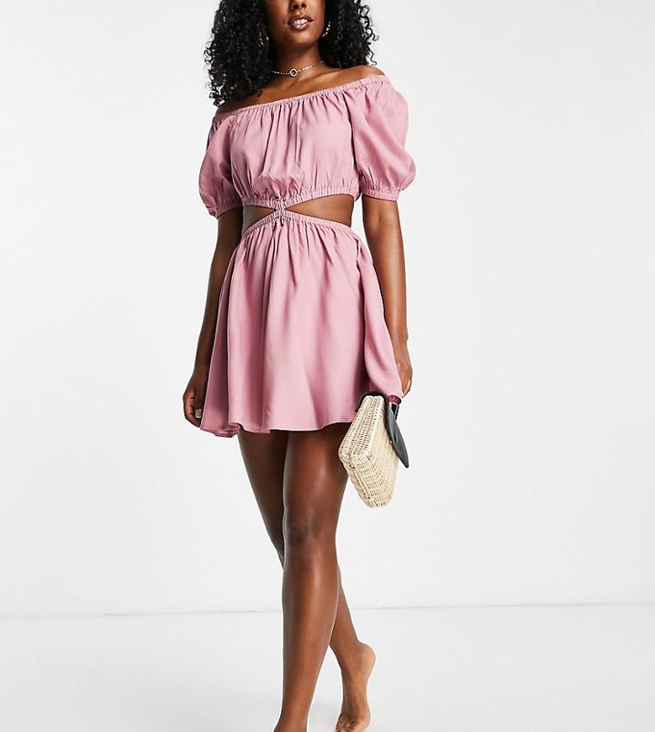 Esmee Exclusive Beach Square Neckline Mini Dress With Cut Out Detail At Waist In Dusty Rose-pink