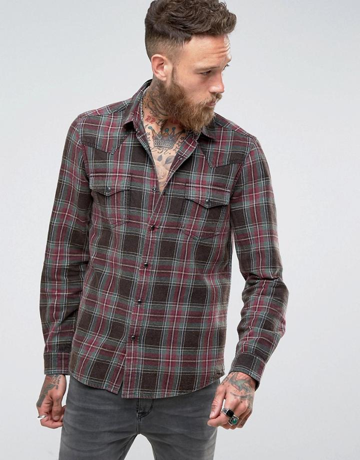 Asos Regular Fit Plaid Check Shirt With Acid Wash - Black