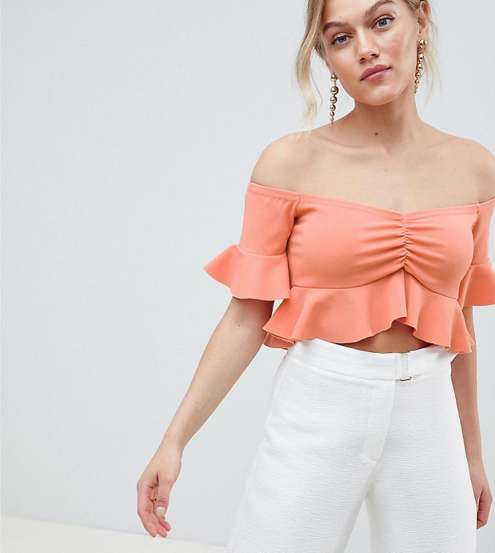 Asos Design Petite Off Shoulder Crop Top With Fluted Sleeve - Pink