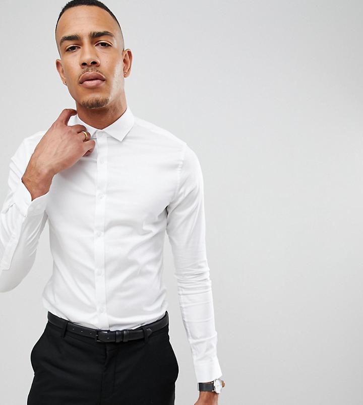 Asos Design Wedding Skinny Sateen Shirt With Turned Back Placket In White - White