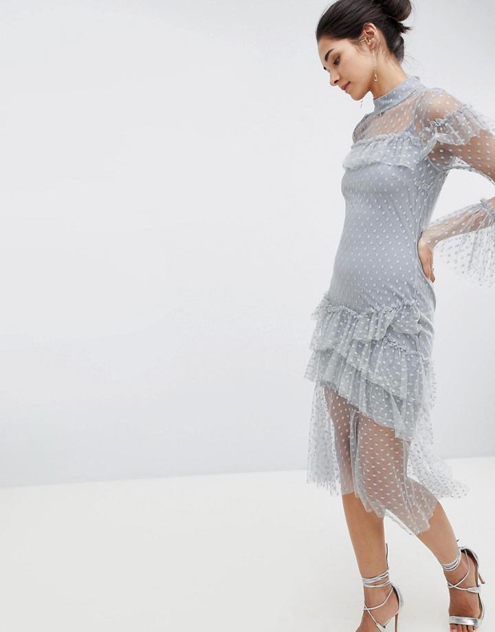 Hope & Ivy Mesh Ruffle Midi Dress - Blue