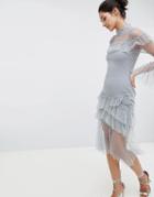 Hope & Ivy Mesh Ruffle Midi Dress - Blue