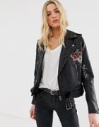 Blank Nyc Love And Leave Faux Leather Jacket With Flower Embroidery - Black