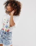 Neon Rose Relaxed T-shirt With Floral Book Print - Cream