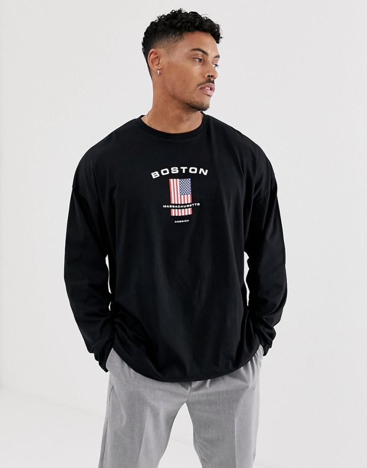 Asos Design Oversized Long Sleeve T-shirt With Chest Flag Print - Black
