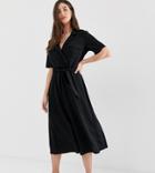 Asos Design Tall Midi Belted Shirt Dress In Slub - Black