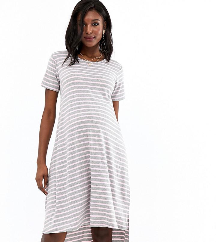 Bluebelle Maternity Dip Hem Dress In Gray And Pink Stripe - Multi