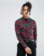 Devils Advocate Slim Fit Red Rose Print Shirt - Black