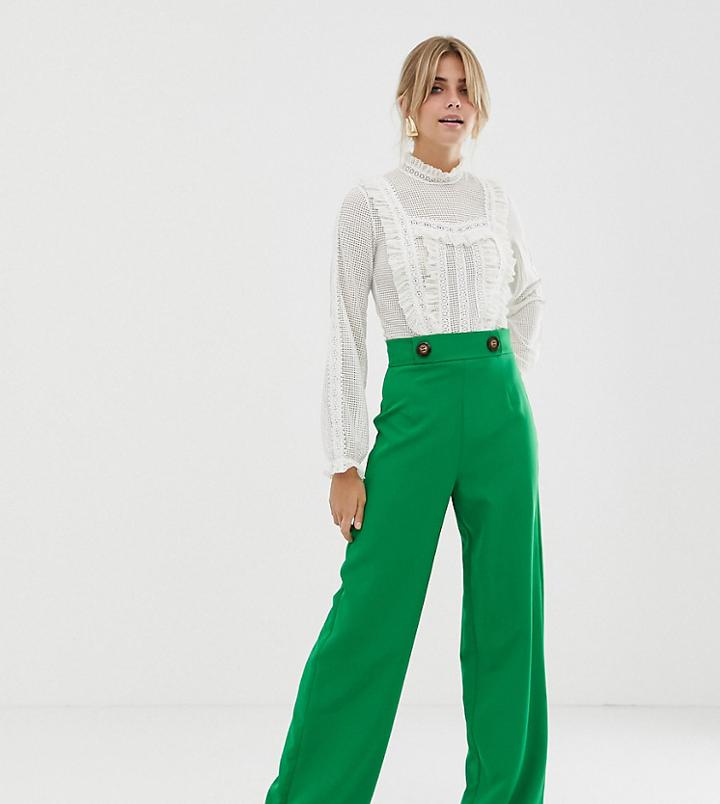 Miss Selfridge Wide Leg Pants With Button Detail In Green