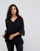 Wal G Knit Wrap Top With Sheer Ruffle Trim - Black