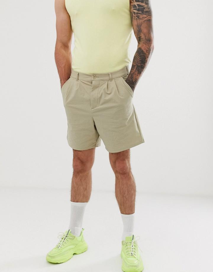 Asos Design Relaxed Shorts With Pleats In Textured Fabric-beige