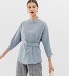 River Island Blouse With Belt In Light Blue - Gray