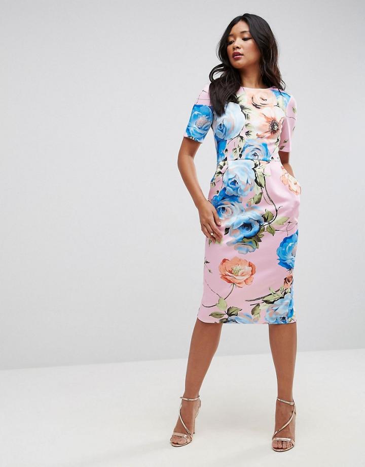 Asos Wiggle Dress In Pink Floral Print - Multi