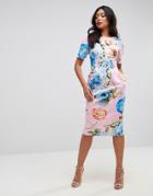 Asos Wiggle Dress In Pink Floral Print - Multi