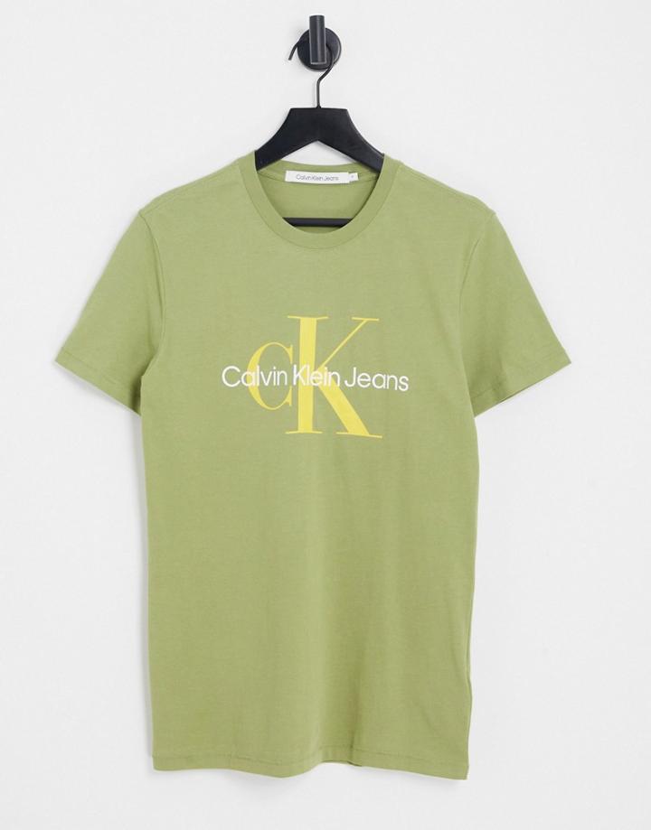 Calvin Klein Jeans Monogram Chest Logo Slim Fit T-shirt In Sage-green