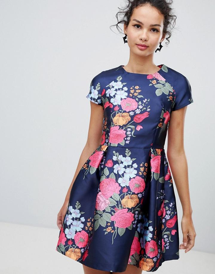Qed London Cap Sleeve Fit And Flare Floral Dress - Navy