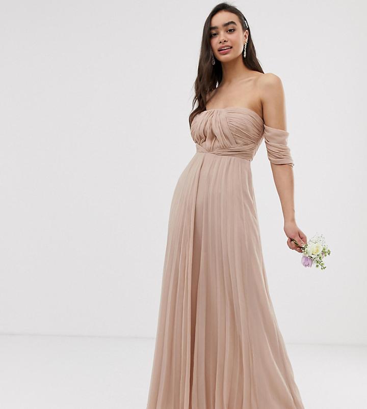 Asos Design Bridesmaid Bardot Ruched Pleated Maxi Dress - Beige