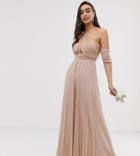 Asos Design Bridesmaid Bardot Ruched Pleated Maxi Dress - Beige