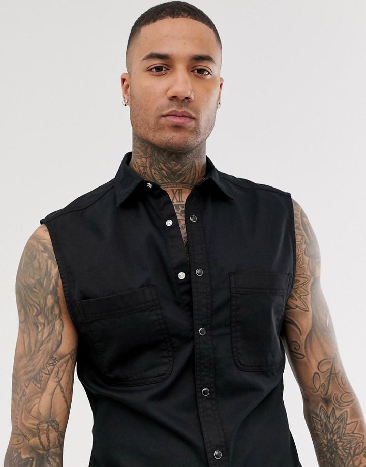 Asos Design Sleeveless Skinny Denim Shirt With Double Pockets In Black - Black