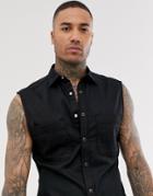 Asos Design Sleeveless Skinny Denim Shirt With Double Pockets In Black - Black