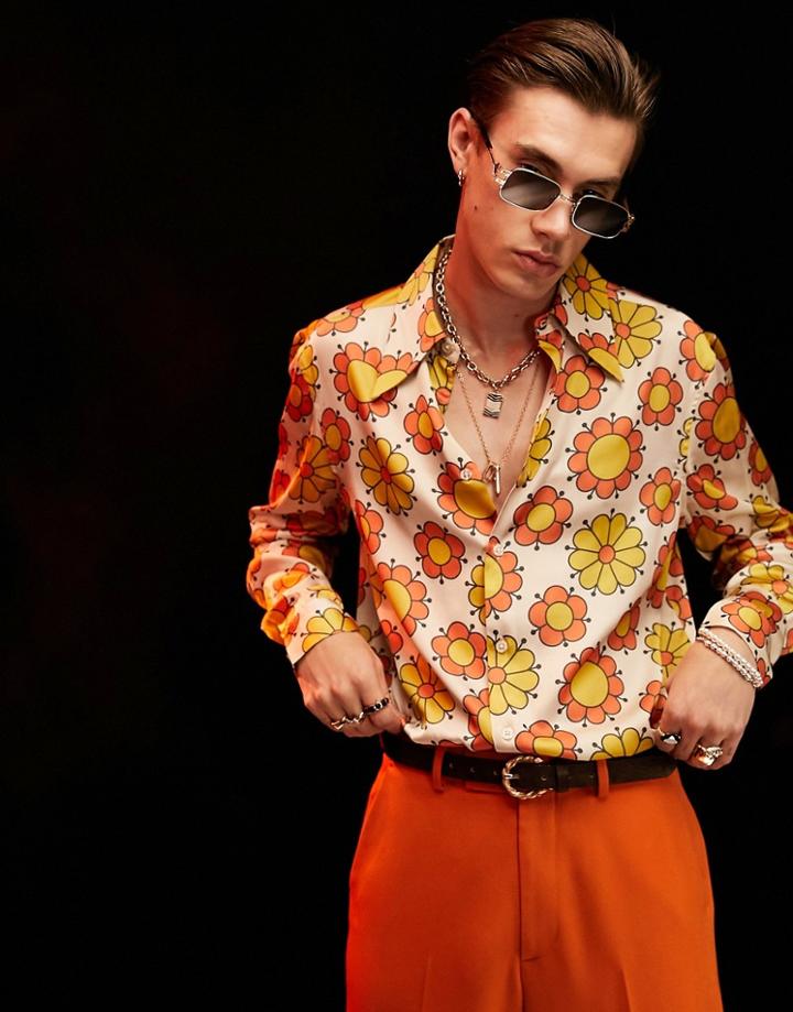 Asos Design 70s Floral Shirt With Oversized Collar-orange