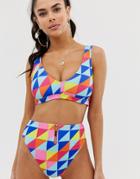 Asos Design Fuller Bust Exclusive Zip Detail High Leg High Waist Bikini Bottom In Graphic Print - Multi