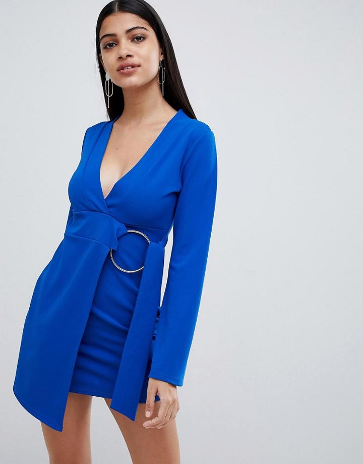 Lasula Wrapover Mini Dress With Ring Belt Detail In Cobalt - Blue