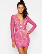Love Triangle V Neck Mini Dress In Lace - Hot Pink