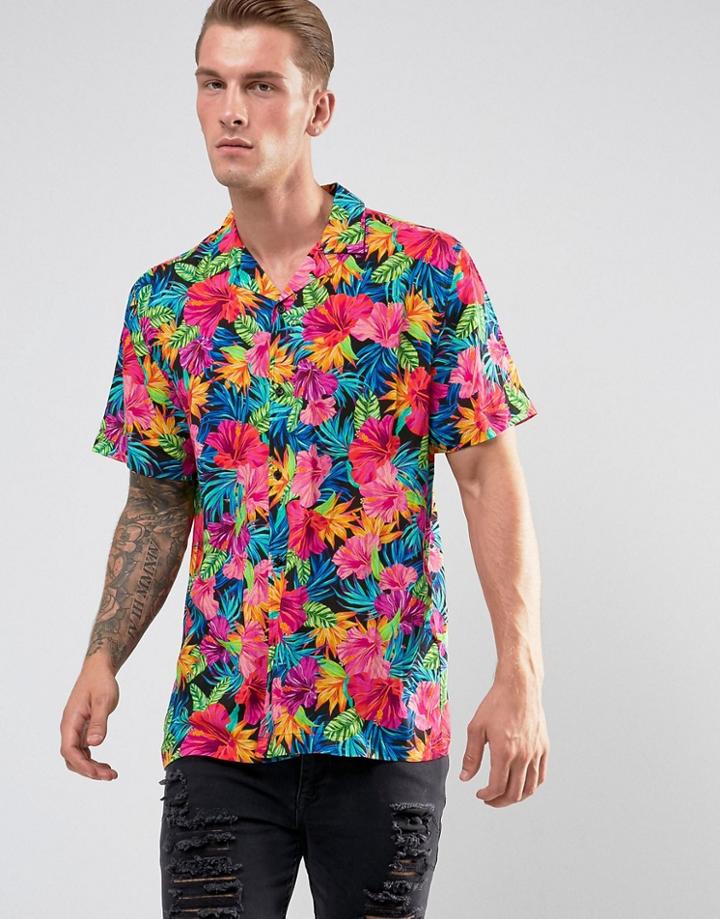 Jaded London Shirt In Feather Print Reg Fit - Black