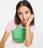 Collusion Raglan Rib Fitted Short Sleeve T-shirt In Pink & Green