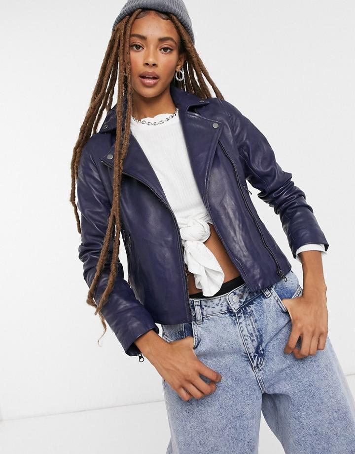Muubaa Classic Leather Biker Jacket In Navy
