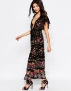 Liquorish Lightweight Maxi Dress With Frill Sleeves In Floral Border Print - Black