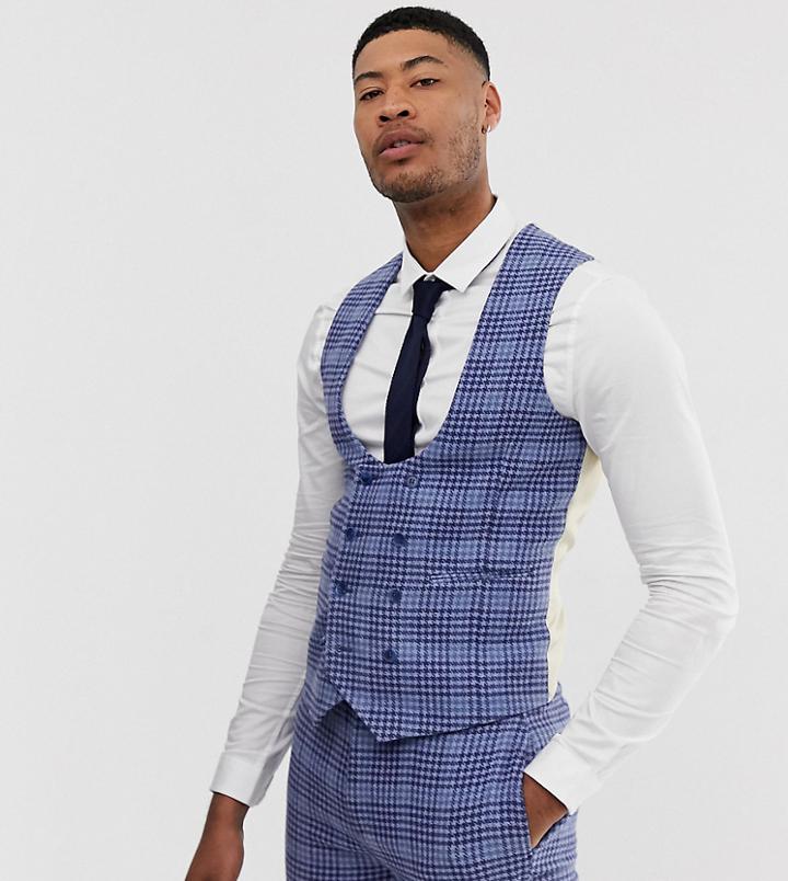 Asos Design Tall Wedding Super Skinny Suit Vest In Blue Wool Blend Check - Blue