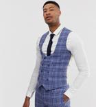 Asos Design Tall Wedding Super Skinny Suit Vest In Blue Wool Blend Check - Blue
