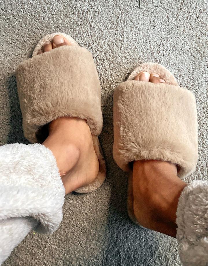 Asos Design Mule Slipper In Stone Faux Fur-neutral