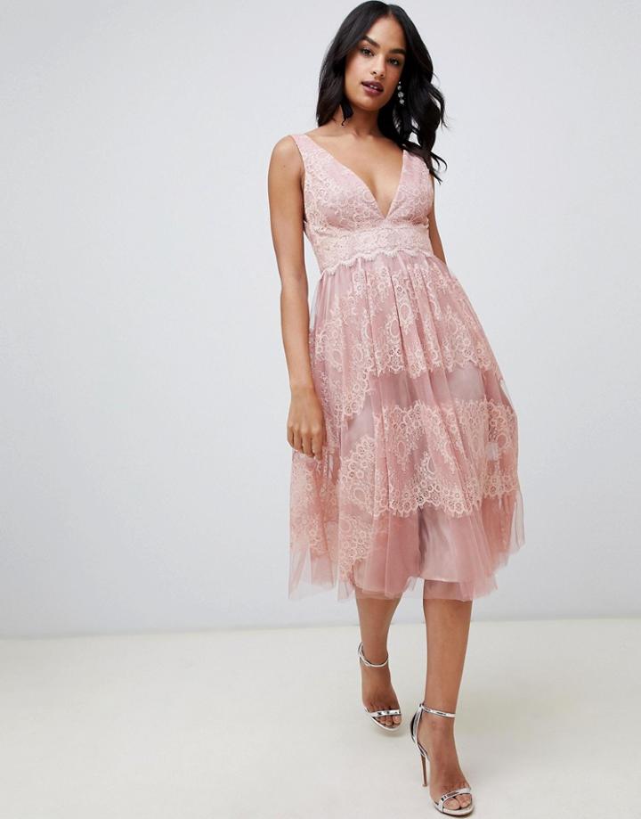Asos Design Midi Dress In Mesh With Delicate Lace Panels-gray