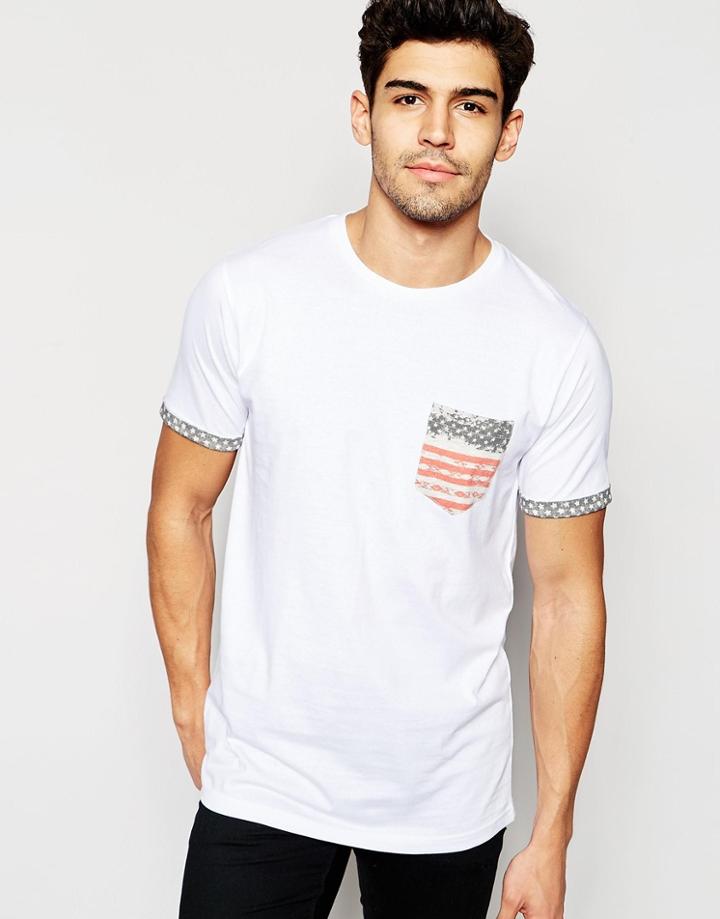 Brave Soul Usa Print Washed Pocket T-shirt - Beige
