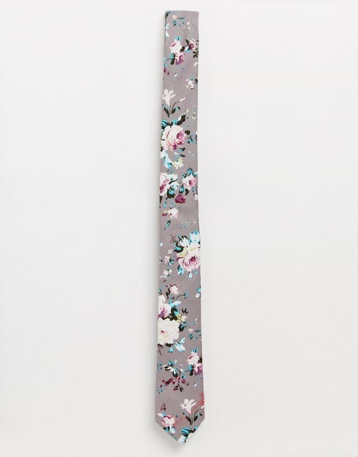 Asos Design Wedding Slim Gray Floral Tie - Gray
