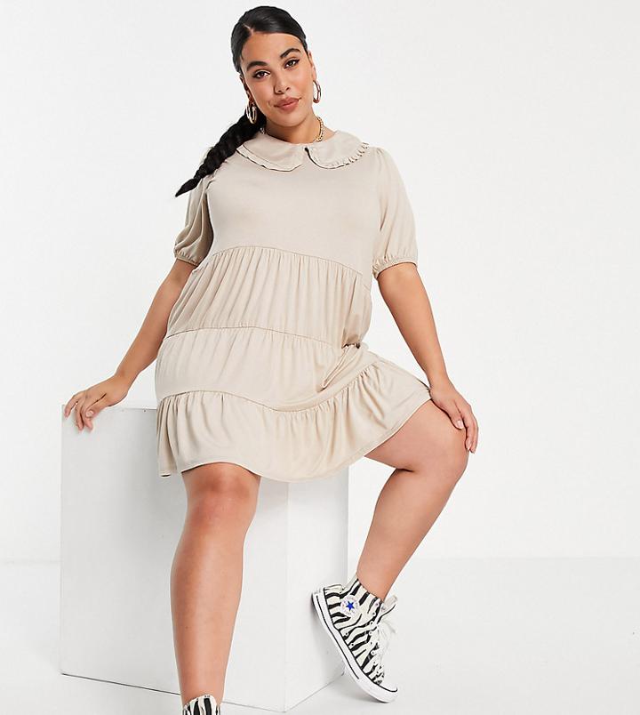 Violet Romance Plus Jersey Smock Dress With Peter Pan Collar In Beige-neutral
