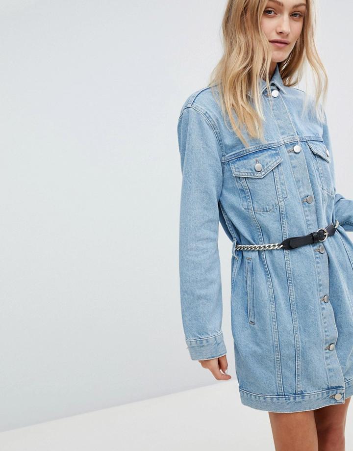 Asos Denim Longline Jacket In Midwash Blue With Belt - Blue