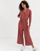 Asos Design Button Detail Shirt Jumpsuit With Long Sleeve-pink