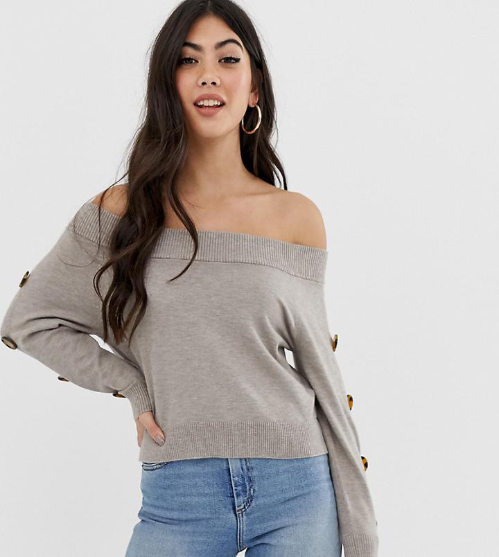 Asos Design Petite Bardot Sweater With Button Sleeve Detail - Stone