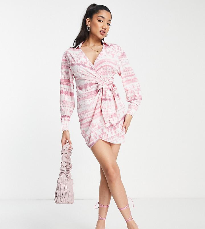Saint Genies Tie Side Shirt Mini Dress In Pink Print