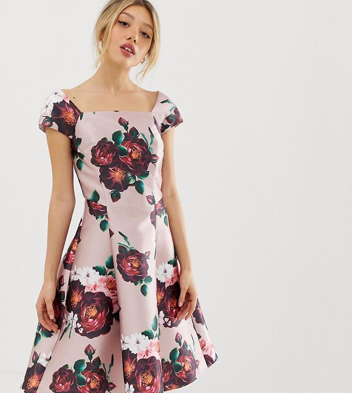 Chi Chi London Petite Midi Dress In Dusty Floral Print-multi