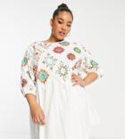 Asos Design Curve Mini Crochet Embroidered Smock Dress With Puff Sleeves In Cream-white