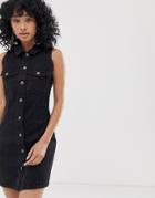 Noisy May Button Front Sleeveless Denim Mini Dress In Black