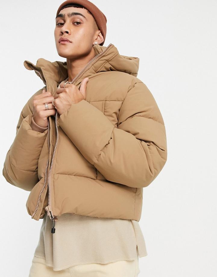 Asos Design Puffer Jacket With Hood In Camel-neutral