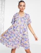 Y.a.s Applique V-neck Mini Dress In Blue & Pink Floral-multi