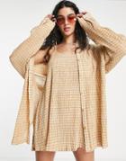 Topshop Check Crinkle Oversize Beach Shirt In Camel-multi
