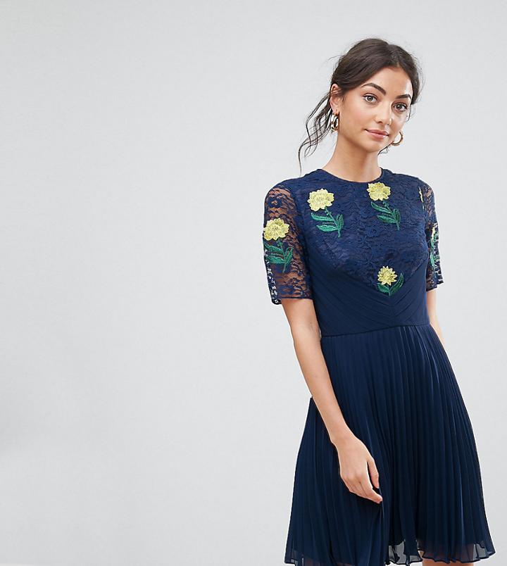 Asos Tall Embroidered Mini Pleat And Lace Dress-blue